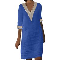 Robe d'été élégante mi-longue à manches longues en coton et lin à pois jacquard, col en V, style vintage décontracté