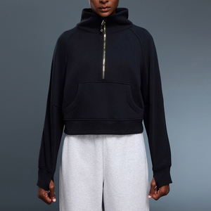 Sweat à capuche demi-zip en mélange de coton durable pour femme, coupe oversize, molleton épais, écologique, tenue de sport d'hiver - Product Image 6