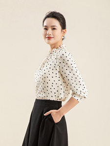Camicetta in Chiffon a Pois <span class=keywords><strong>Beige</strong></span> e Nero Stile Minze per <span class=keywords><strong>Donna</strong></span>, Colletto con Volant, Manica Lunga, Camicia Casual Primaverile - Product Image 2