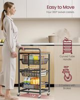 Chariot de rangement roulant à 3 niveaux avec paniers en filet extractibles, chariot utilitaire en métal avec plateau en bois et poignée pour la cuisine