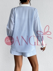 เสื้อแขนยาวลายทางมีปกสีฟ้าสำหรับผู้หญิงชุดสองชิ้นเสื้อและกางเกงขาสั้นลำลองแฟชั่นใหม่สำหรับฤดูร้อน Kiss Me Angel - Product Image 6