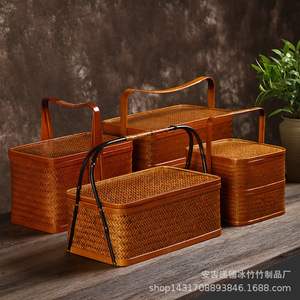 Bamboo woven <b>basket</b>, handmade retro multi-layered <b>basket</b>, food box, <b>storage</b> box, gift box, tea set <b>storage</b> box, antique-style - Product Image 4