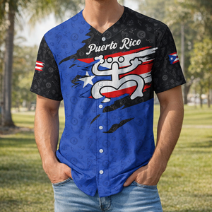 Jersey Bisbol Puerto Rico dengan Simbol Kodok Coqui dan Desain Bendera Taino yang Distressed, Kaos Bisbol Kancing Kasual Pria - Product Image 1
