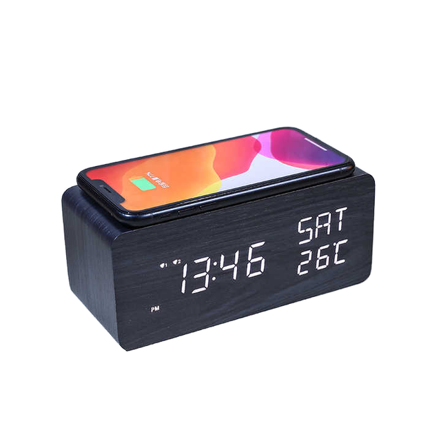 Multi-functional Square LED Digital Wooden Alarm Clock Indoor/Outdoor Temperature Humidity Voice Control Wireless Charging