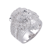 Bagues de joaillerie fine en argent sterling 925, bague tête de lion avec zircone cubique 5A taille baguette, épaisse, lion 3D plaqué rhodium, style 'iced out', motif animal lion