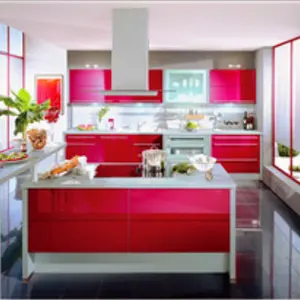 تصميم جديد أحمر اللون عالي اللمعة خزائن مطبخ مطلية بالورنيش