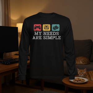 Camiseta de manga larga unisex con cuello redondo para adultos, Cats Gaming And Cookies My Needs Are Simple, promocional - Product Image 3