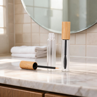 Tube de mascara en verre transparent et givré avec brosse en silicone et capuchon en bambou, emballage cosmétique, tube de mascara de voyage pour sac à main