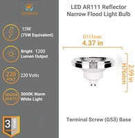 Foco LED de 15W sin regulación de intensidad, AC110V-240V, 3000k-6500k, AR111 GU10, 1200lm, AR111 Led GGU10, Cuerpo de Aluminio y Plástico