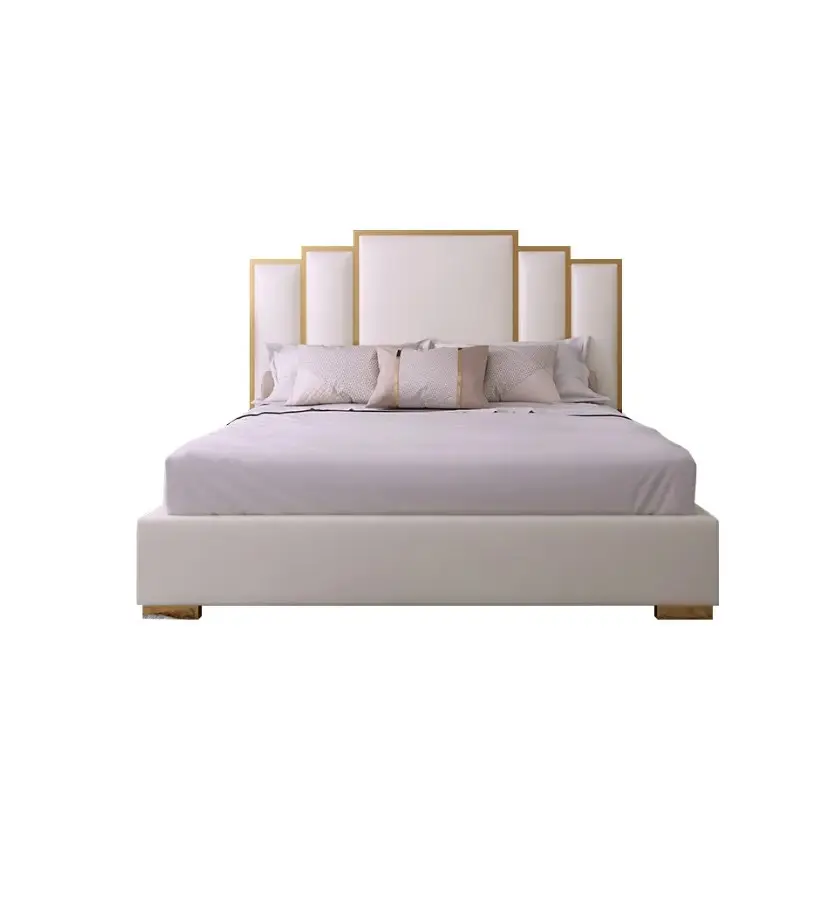 Modern white geometric headboard included faux leather queen upholstered bed