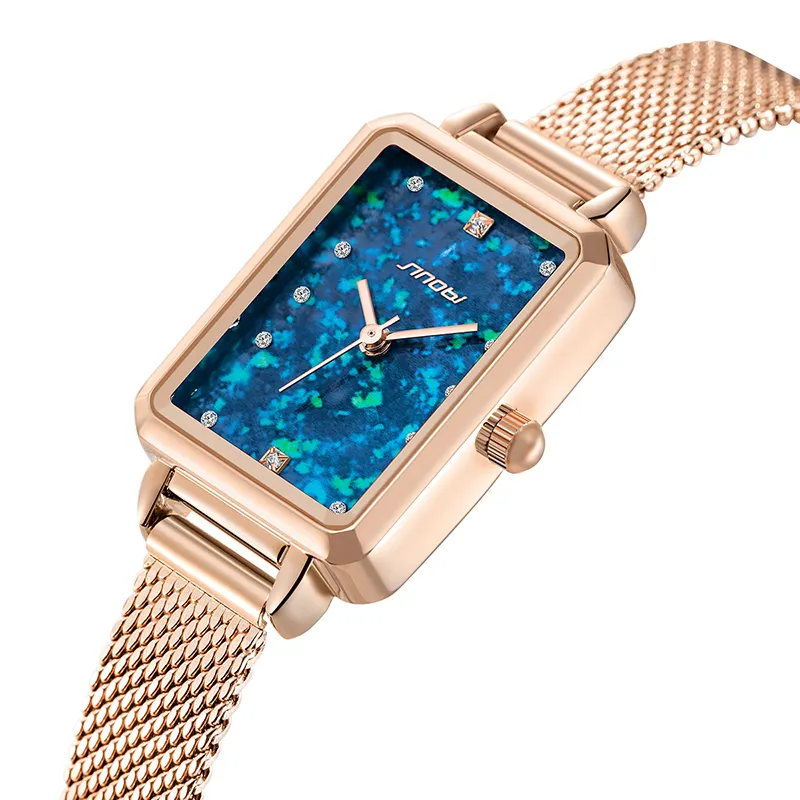 SINOBI Rectangle Square Watch S9855L Women Blue Face Chic Watch Ladies Wristwatches Brands Luxury Women Watches