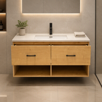 Meuble-lavabo mural moderne pour salle de bain, finition grain de bois, étagère ouverte en option, lavabo à poser, mobilier de salle de bain personnalisé OEM