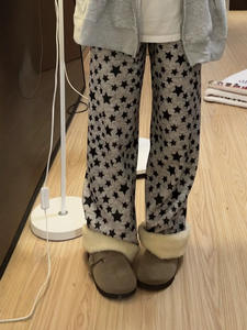 Otoño Invierno nueva llegada lindo leopardo estampado recto pijama pantalones para mujer Cordero polar forrado Casual casa pantalones cintura elástica - Product Image 6