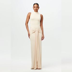2024 nuovo <span class=keywords><strong>vestito</strong></span> di moda mezzo collo alto irregolare canotta per le donne elegante aderente abito lungo increspato pizzo dolce e Sexy senza maniche - Product Image 4