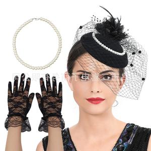 2401 erxi Retro perla sombrero horquilla diadema doble propósito fiesta foto nupcial Tiara encaje guante collar conjunto - Product Image 2