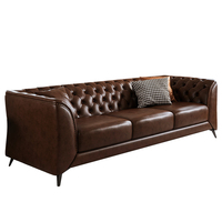 Canapé trois places en cuir véritable ciré à l'huile de style américain, cuir de vachette de première qualité, salon, petit appartement, droit, marron, bouton, 2024