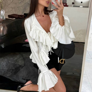 <span class=keywords><strong>Top</strong></span> e Camicette da Donna Bianche Casual con Volant e <span class=keywords><strong>Maniche</strong></span> <span class=keywords><strong>Lunghe</strong></span> Svasate con Lacci, Abbigliamento Estivo Donna 2026, <span class=keywords><strong>Crop</strong></span> <span class=keywords><strong>Top</strong></span> Donna - Product Image 2