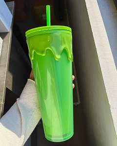 Gobelet à paille en plastique PS double paroi vert fluorescent effet lave nocturne 24OZ (710ml) grande capacité, accessoire pour l'école, gobelet à café en stock - Product Image 4