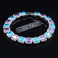 Bracelet Hip Hop 7-8 pouces en laiton plaqué bicolore avec maillons cubes multicolores en pierres précieuses, scintillant, cadeau d'anniversaire pour femme, bijoux