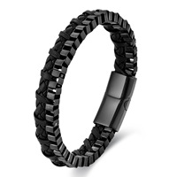 Bracelet tressé en cuir noir unisexe avec chaîne en acier inoxydable double couche