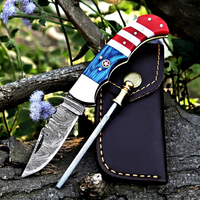 Couteau de poche en acier Damas de qualité supérieure, drapeau américain, verrouillage arrière, fait main, couteau de camping DIY avec manche en bois pukka bleu