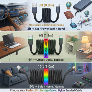 Câbles de données USB vers Type C de 3 pieds, 6 pieds, 10 pieds de long, en alliage d'aluminium durable, tressés en nylon, avec logo, pour une charge rapide USB-C - Product Image 5