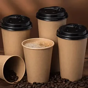 Copo de papel descartável de parede única com impressão por atacado personalizado de 8 onças, 12 onças e 16 onças, copo de papel para café quente com mangas e tampa