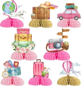 ชุดตกแต่งโต๊ะธีมการเดินทาง 8 ชิ้น รูปทรงรังผึ้ง สีชมพู สำหรับงานปาร์ตี้  "ให้การผจญภัยเริ่มต้น" ของตกแต่งโต๊ะวันเกิด - Product Image 1