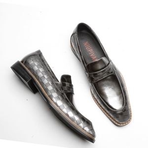 Nouvelles Chaussures Habillées Carrées en Cuir Gaufré à Motifs pour Hommes, Mocassins Respirants en Cuir Lisse Brillant de Vachette pour l'Automne - Product Image 1
