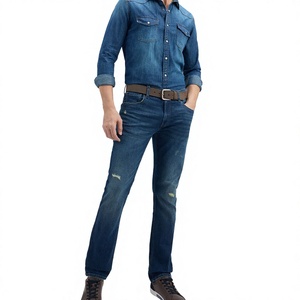 High Street Embroidered Ripped <b>Jeans</b> Men <b>Elastic</b> Slim Leg Distressed Streetwear Washed Denim Wholesale OEM Bulk Custom - Product Image 4
