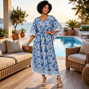 Robe longue bohème bleue à motif cachemire pour femme, taille élastique, col en V, sans manches, respirante, toutes saisons, décontractée, coupe trapèze, style kaftan - Product Image 1