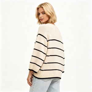 2026 New Arrival Striped Oversized Knit <strong>Sweater</strong>, <strong>Women's</strong> <strong>Beige</strong> Black Crew Neck Long Sleeve Pullover, Knitwear - Product Image 5