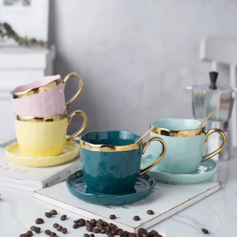 European breakfast cup and saucer gold printed glazed ceramic coffee tea cup set with spoon