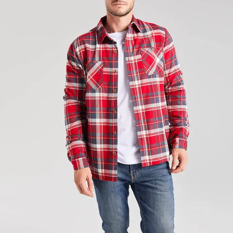 High Quality Autumn Casual Dark Plaid Button Up Long-sleeved Shirts Red Check Shirts For Mens