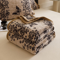 Selimut Bulu Kelinci Imitasi Motif Bunga Vintage Mewah, Penutup Sofa Flanel Susu Bolak-Balik untuk Rumah Kantor Hadiah Liburan Grosir