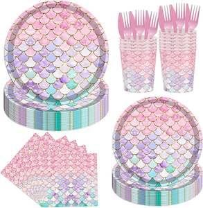 Vente en gros d'assiettes et de serviettes de table pour fête d'anniversaire sirène décorations de fête <span class=keywords><strong>petite</strong></span> sirène vaisselle <span class=keywords><strong>assiette</strong></span> en papier fourchette serviettes - Product Image 3