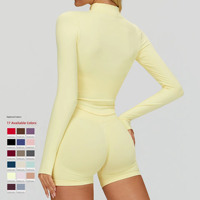 Ensemble de yoga personnalisé avec logo, veste à col montant sans couture à manches longues et short en V, séchage rapide, vêtements de fitness, OEM ODM, vente en gros