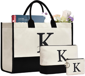 Borsa tote in tela importata GASSDA - <span class=keywords><strong>Regali</strong></span> <span class=keywords><strong>personalizzati</strong></span> con monogramma iniziale per donne, mamme, insegnanti e damigelle (K 3 pezzi) Solo lavaggio a mano - Product Image 1