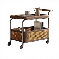 Table basse moderne en noyer noir massif et rotin, écologique et durable, avec chariot de rangement à 2 niveaux et cadre en acier inoxydable