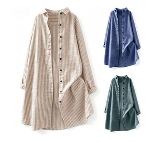 Neue Damenmode Locker Sitzende Leinen-Streifenbluse Lässiges Langarm-Midibluse mit Taschendetail Modischer Pendler-Stil - Product Image 1