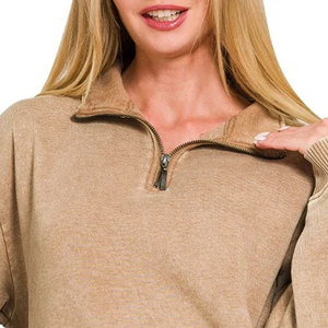 Lavish Look <b>Women's</b> Beige <b>Quarter</b> <b>Zip</b> Cotton Blend Anti-Pilling Knit Sweater Stand Collar Regular Fit Casual Solid Color Long - Product Image 2