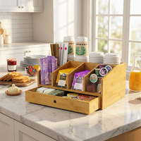 Nouveau support pour dosettes de café en bambou avec tiroir, petite boîte de rangement mignonne pour bar à café, caddie rustique pour condiments et thé