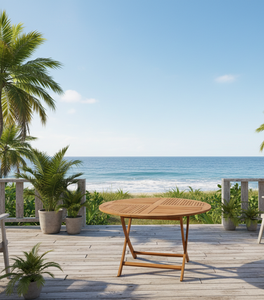 Mesa plegable redonda de teca fabricada en Jepara, diseñada para brindar durabilidad, fácil manejo y elegantes experiencias de comedor al aire libre en todo el mundo. - Product Image 1