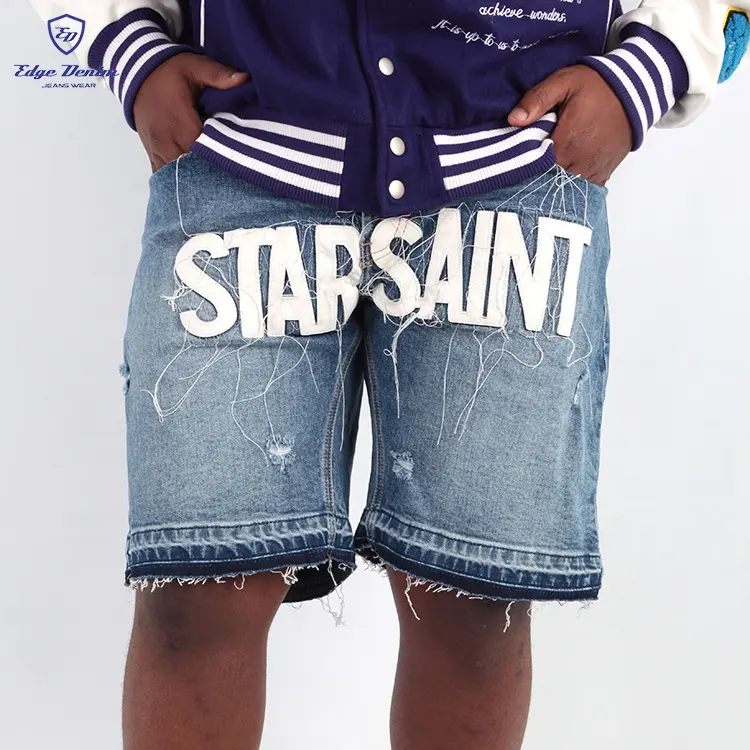 Rand Denim Fabrikant Knippen En Naaien Applique Patch Werk Custom Raw Zoom Jeans Shorts Voor Mannen