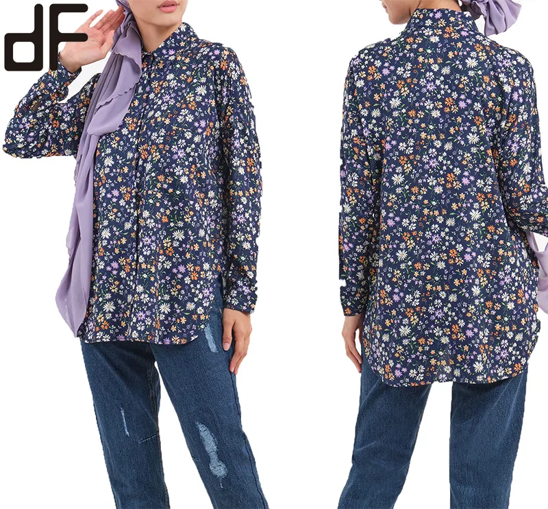 Tampilan hari pabrik disesuaikan pakaian Muslim tradisional Set Wanita celana Muslim dan atasan Navy Floral mode terbaru blus wanita