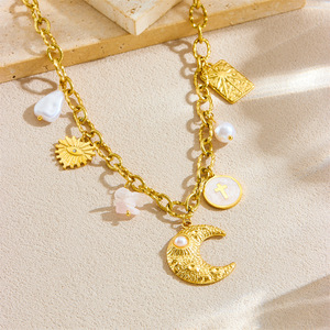 <b>Cross</b> Border Fashion Retro Gold Plated Stainless Steel <b>Chain</b> Moon Star <b>Cross</b> Pendant Necklace Gift - Product Image 2