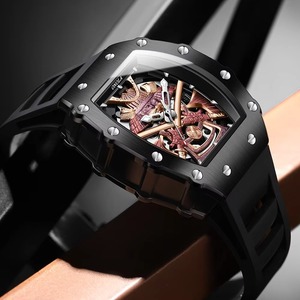 Montre mécanique automatique carrée évidée Drioshipping, noire, étanche, avec bracelet en silicone et lumière nocturne, vente en gros, OEM - Product Image 3