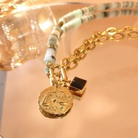Collier asymétrique en pierre naturelle noire avec chaîne à maillons, pendentif pièce bohème, bijou de déclaration pour femme