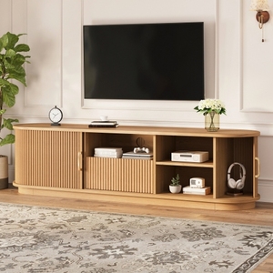 Modern TV Stand with Sliding Wood Slatted Doors TV Cabinet with Drawer for 75" TVs Bedroom Storage Furniture - Product Image 1
