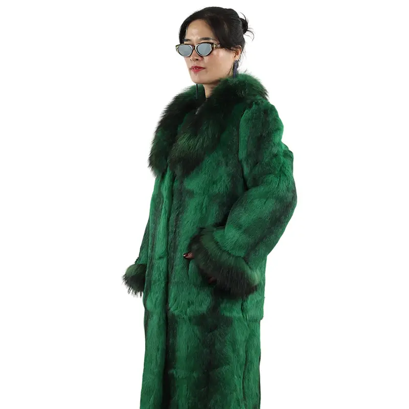 도매 토끼 모피 코트 겨울 긴 아름다운 여성 염색 녹색 실버 여우 모피 칼라 커프스 모피 재킷